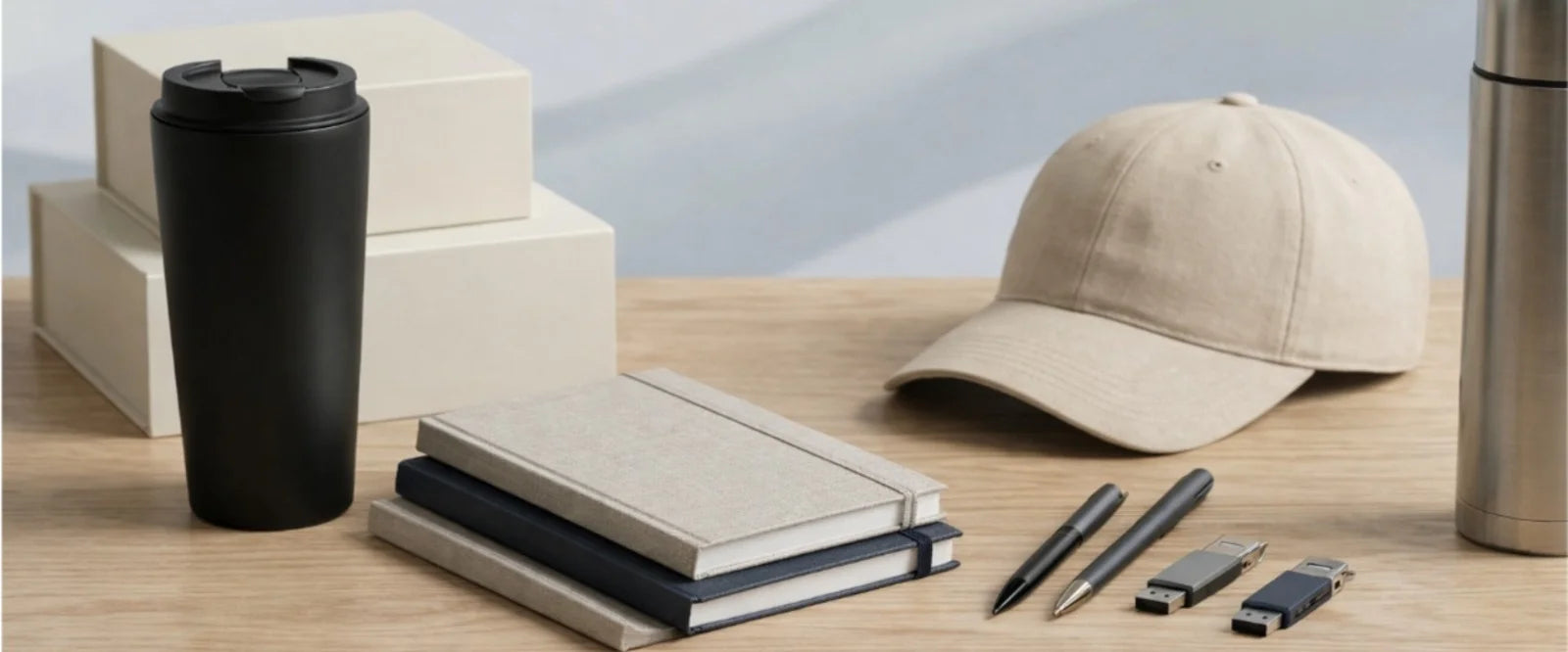 Artículos promocionales acomodados sobre una mesa: termos, libretas y bolígrafos